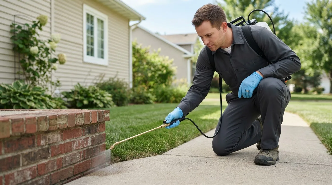 Pest control technician treating a home near Madison, IN